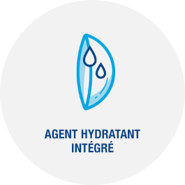 A grey circle icon with a contact lens in the middle with droplets of water that reads AGENT HYDRATANT INTÉGRÉ